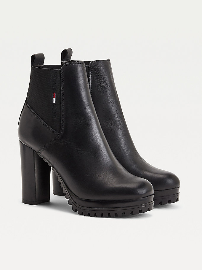 black essential leather cleat heeled boots for women tommy jeans