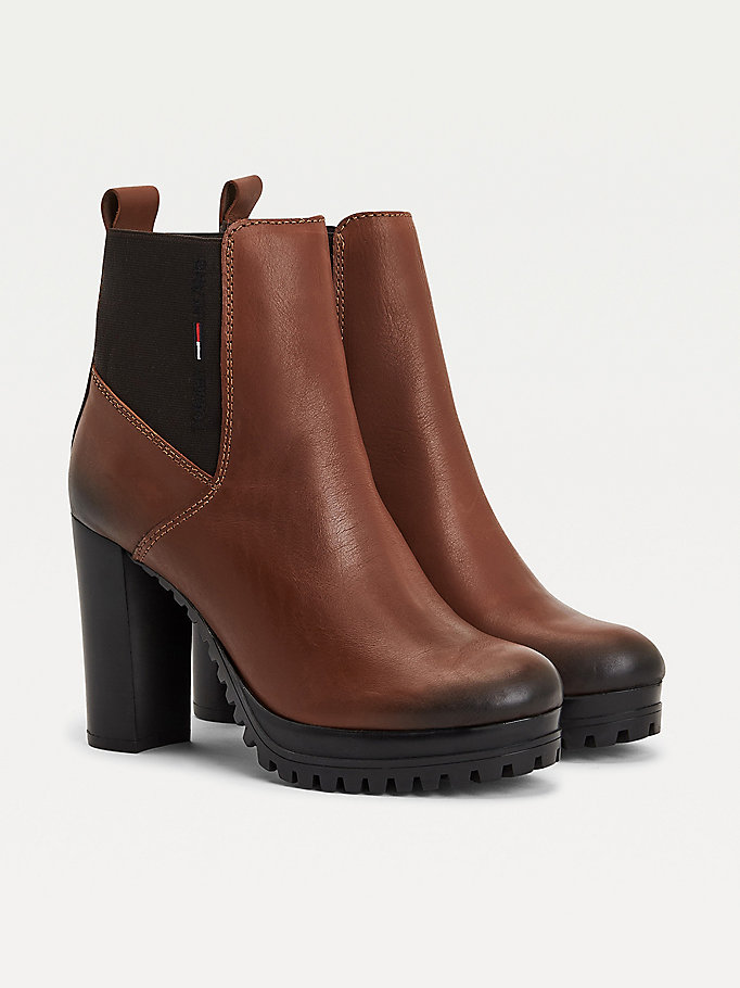 brown essential leather cleat heeled boots for women tommy jeans