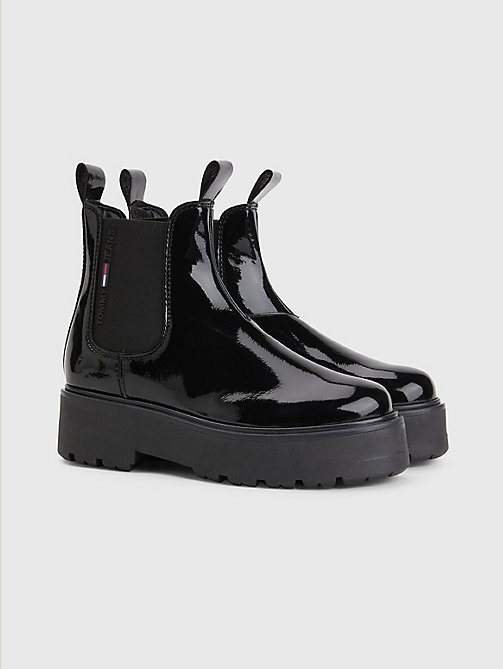 black patent cleat chelsea boots for women tommy jeans