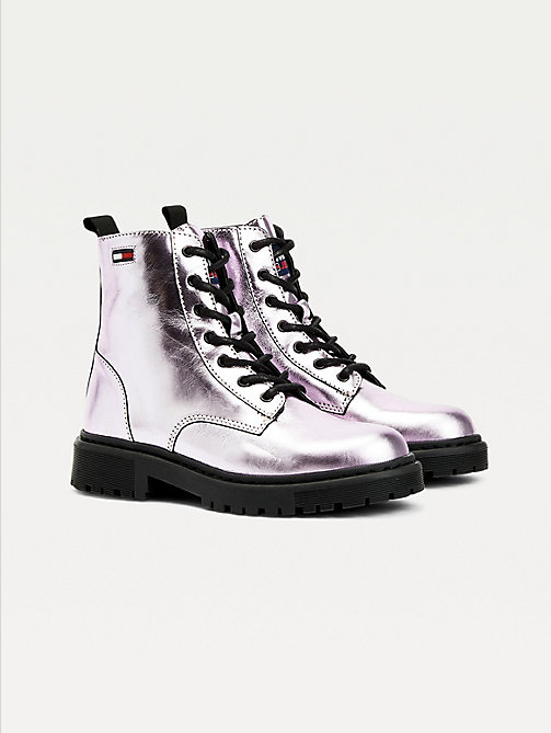 pink metallic cleat lace-up boots for women tommy jeans