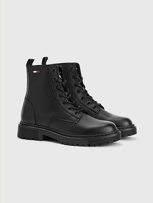 black leather lace-up boots for women tommy jeans