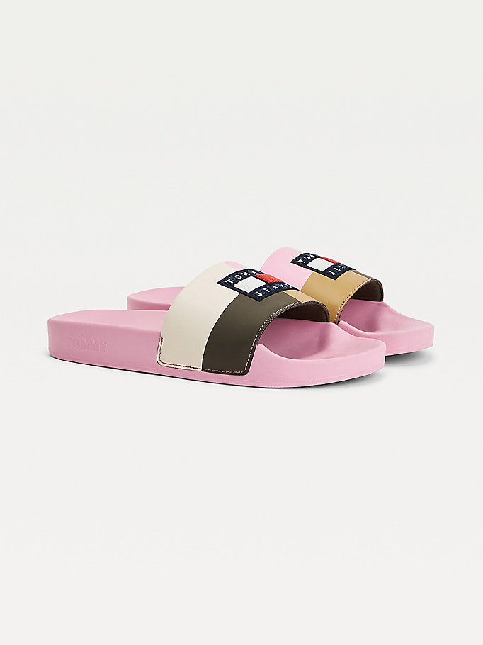 pink colour-blocked corduroy tommy badge pool slides for women tommy jeans