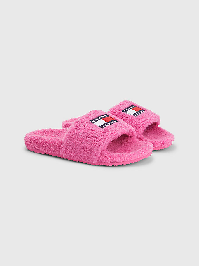 purple tommy badge sherpa slides for women tommy jeans