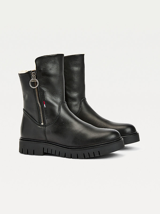 black warm lined zip-up cleat boots for women tommy jeans