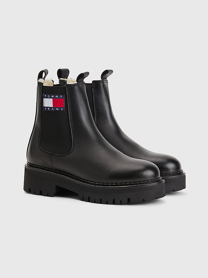 black tommy badge leather cleat chelsea boots for women tommy jeans