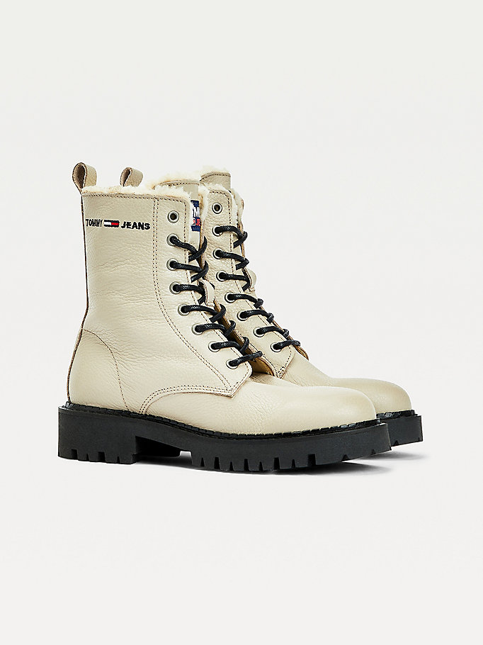 beige warm lined lace-up cleat boots for women tommy jeans