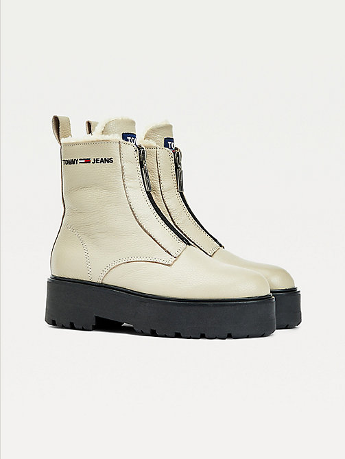 beige warm lined zip-up cleat boots for women tommy jeans