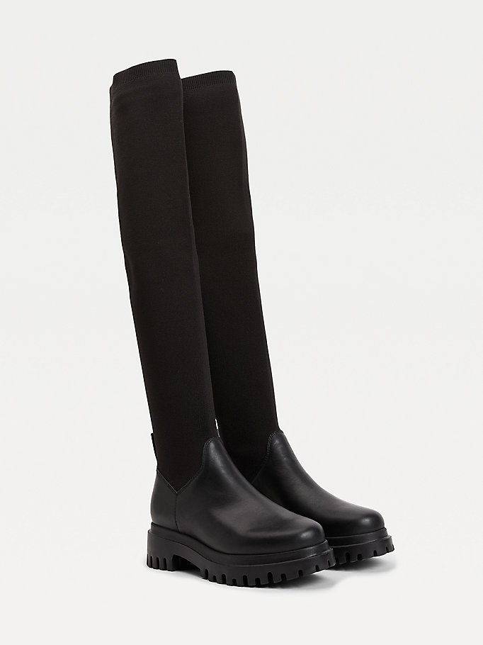 black over-knee cleat pull-on boots for women tommy jeans