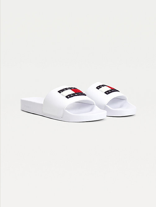 white towelling tommy badge slides for women tommy jeans