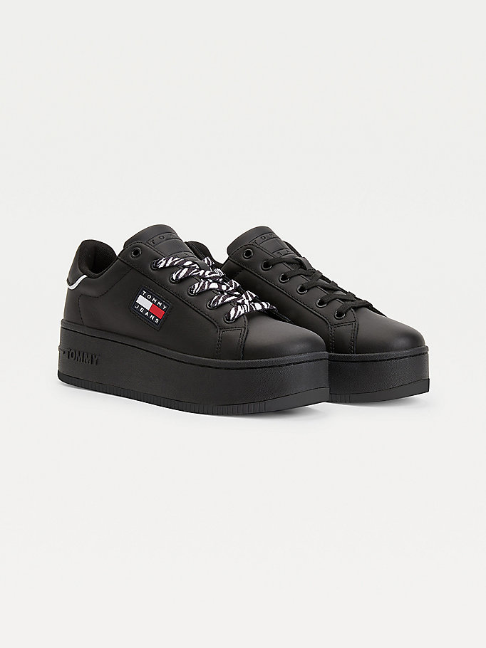black leather flatform cupsole trainers for women tommy jeans