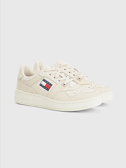 beige essential leather basket trainers for women tommy jeans
