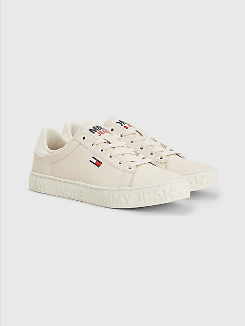 beige logo leather cupsole trainers for women tommy jeans