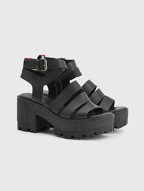 black leather block heel sandals for women tommy jeans