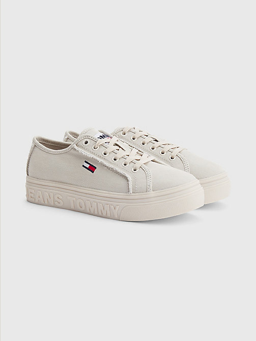 beige embossed logo flatform trainers for women tommy jeans