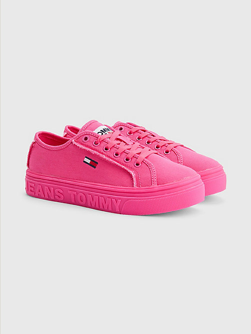 pink embossed logo flatform trainers for women tommy jeans