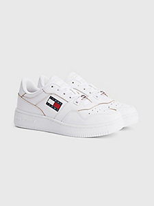 white leather cupsole basketball trainers for women tommy jeans