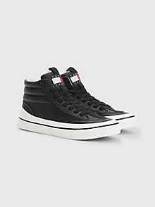 black leather mid-top trainers for women tommy jeans
