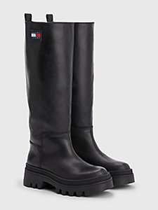 black leather chunky knee-high boots for women tommy jeans