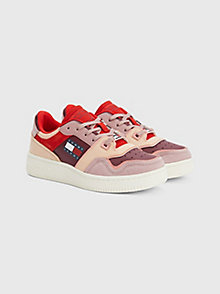 purple colour-blocked nubuck leather trainers for women tommy jeans