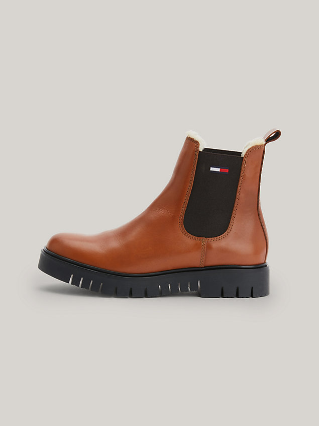brown warm lined leather chelsea boots for women tommy jeans