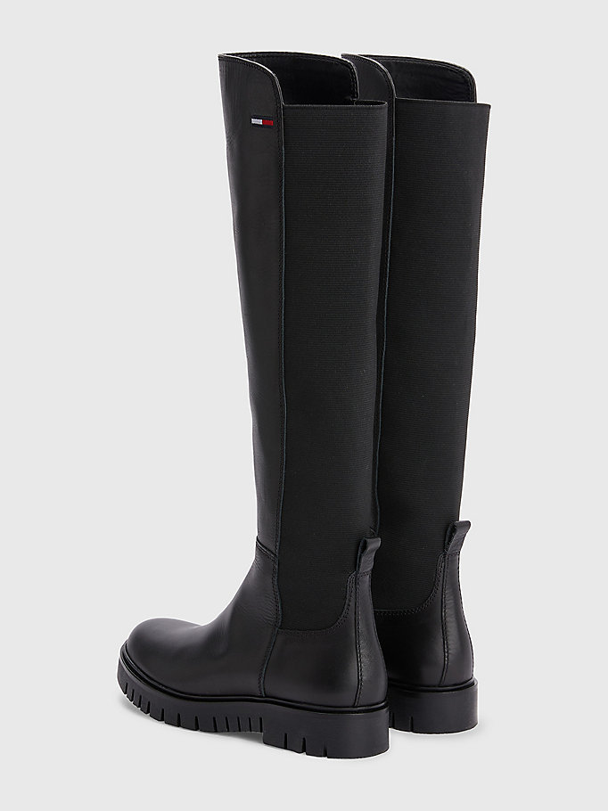 black knee-high pull-on leather boots for women tommy jeans