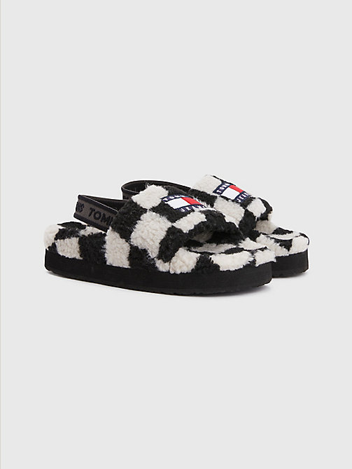black checkerboard sherpa slides for women tommy jeans