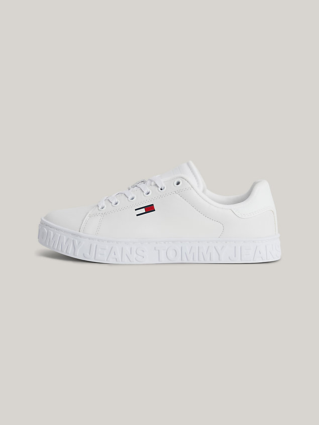 white essential leather embossed cupsole trainers for women tommy jeans