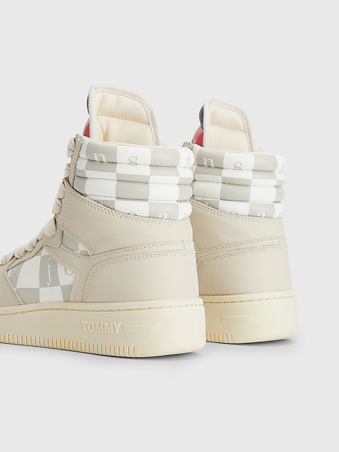 beige serif checkerboard high-top trainers for women tommy jeans