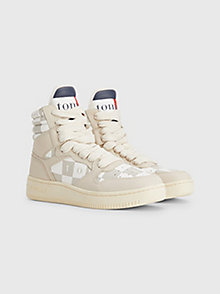 beige serif checkerboard high-top trainers for women tommy jeans
