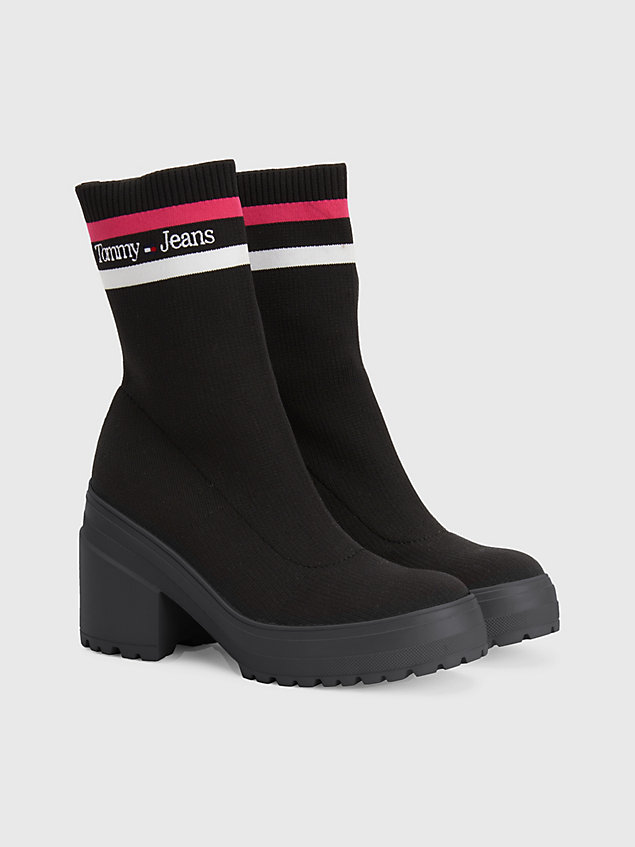 black knitted block heel ankle boots for women tommy jeans