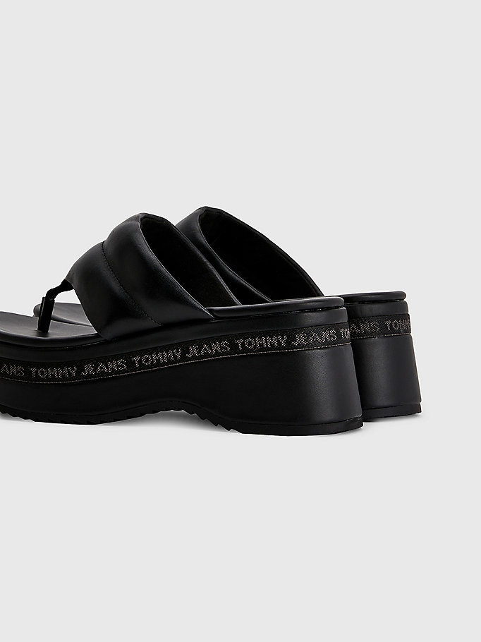 black leather padded strap wedge sandals for women tommy jeans