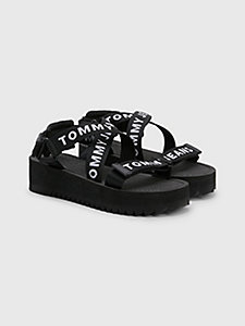 sandales compensées à brides en toile et logo noir pour femmes tommy jeans