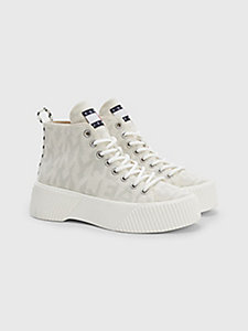 beige knitted logo high-top trainers for women tommy jeans