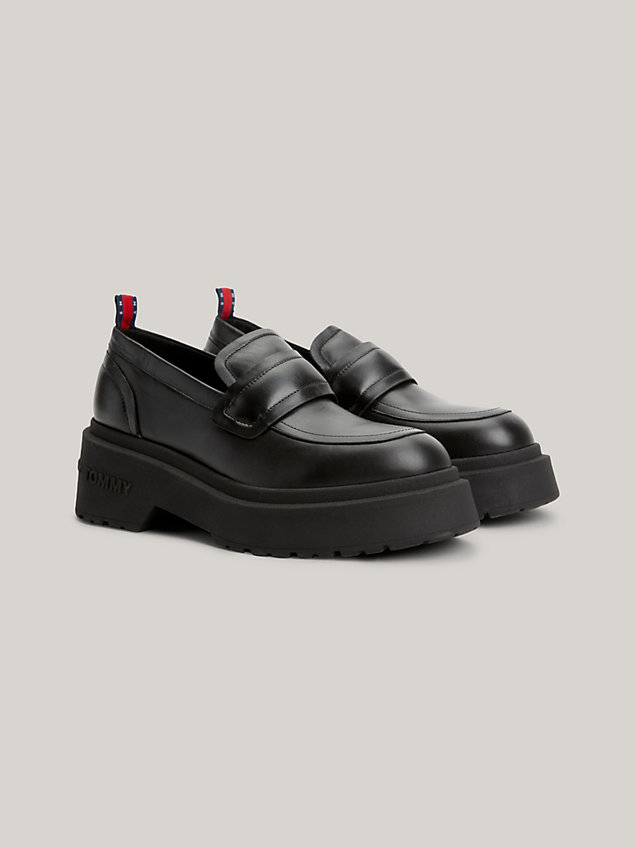 black chunky cleat leather loafers for women tommy jeans