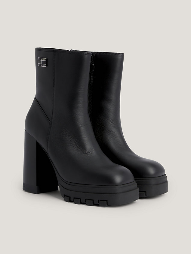 black enamel badge block heel ankle boots for women tommy jeans