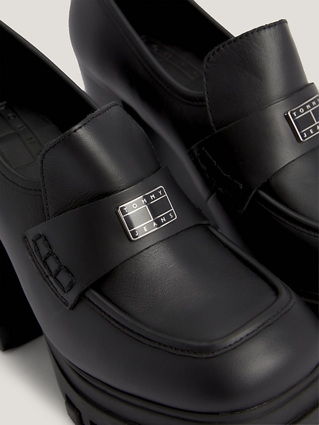 black leather block heel loafers for women tommy jeans
