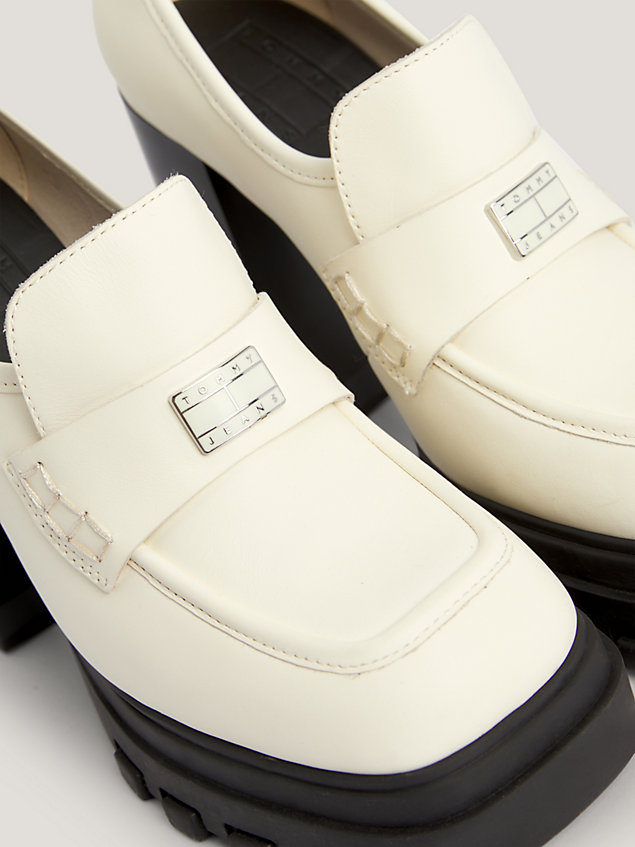 white leather block heel loafers for women tommy jeans