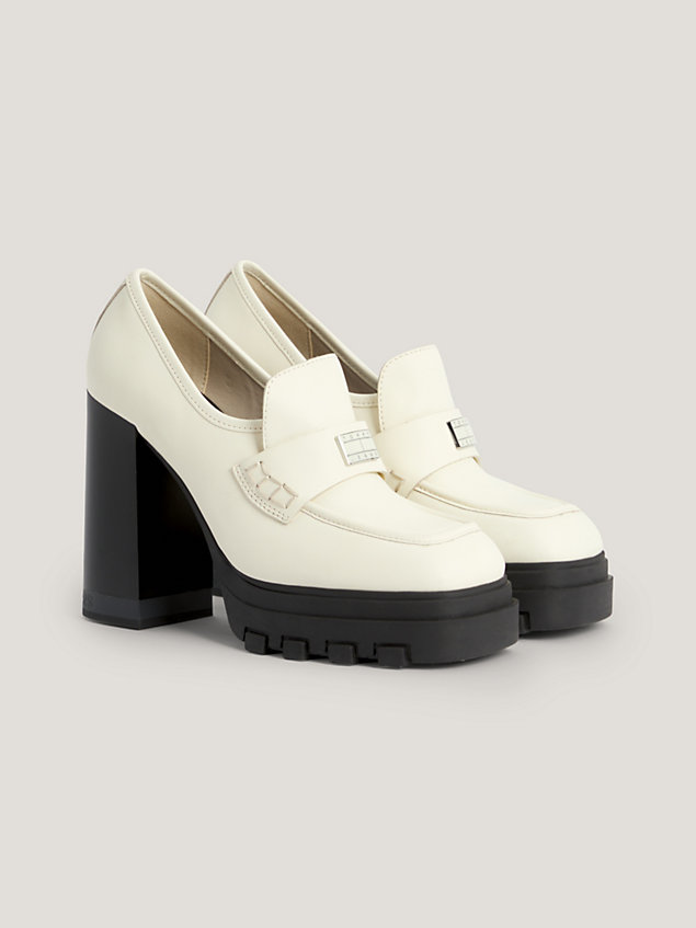 white leather block heel loafers for women tommy jeans