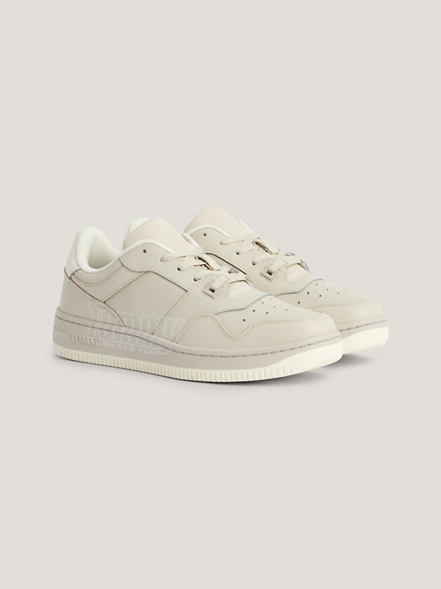 beige retro leather logo basketball trainers for women tommy jeans