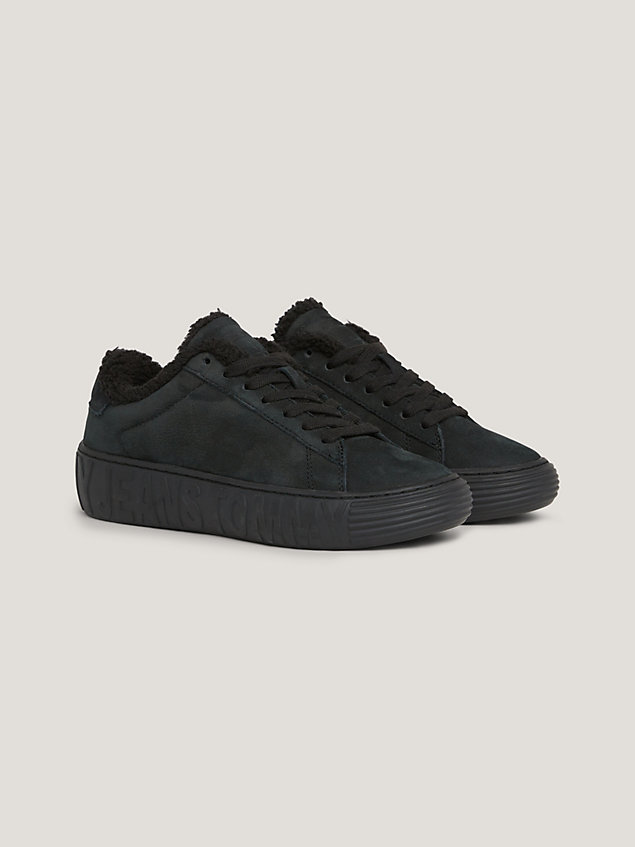 black leather warm lined embossed trainers for women tommy jeans