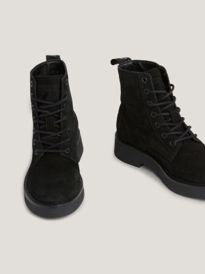 Suede Logo Tape Lace-Up Boots, Black