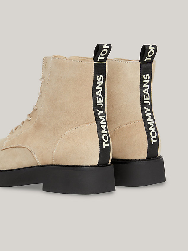 khaki suede logo tape lace-up boots for women tommy jeans