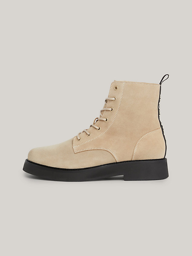 khaki suede logo tape lace-up boots for women tommy jeans