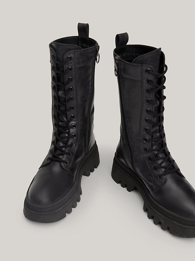 black tonal badge lace-up cleat leather boots for women tommy jeans