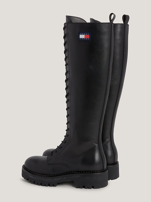 black urban leather lace-up knee-high boots for women tommy jeans