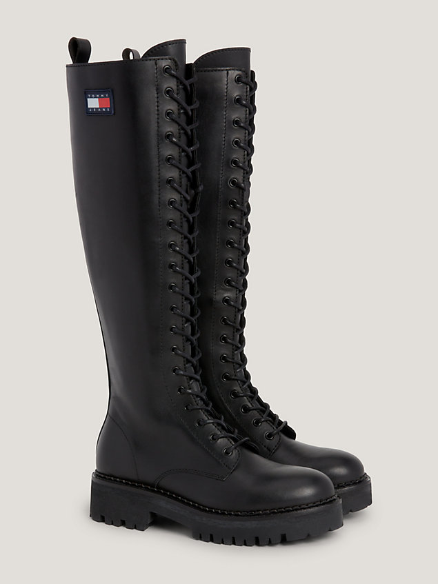 black urban leather lace-up knee-high boots for women tommy jeans