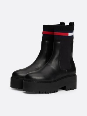 black leather cleat flatform chelsea sock boots for women tommy jeans