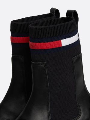 schwarz chelsea-lederboot mit profil und sock-boot für damen - tommy jeans