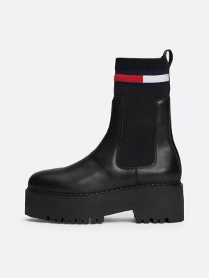 black leather cleat flatform chelsea sock boots for women tommy jeans