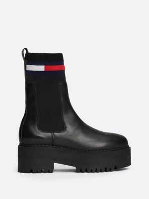 black leather cleat flatform chelsea sock boots for women tommy jeans